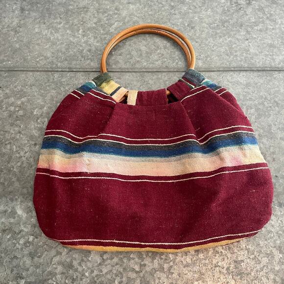 Vintage 70s Knapp Sacs California Round Knit Wood Handle Bag Purse Boho Aztec - Picture 2 of 11